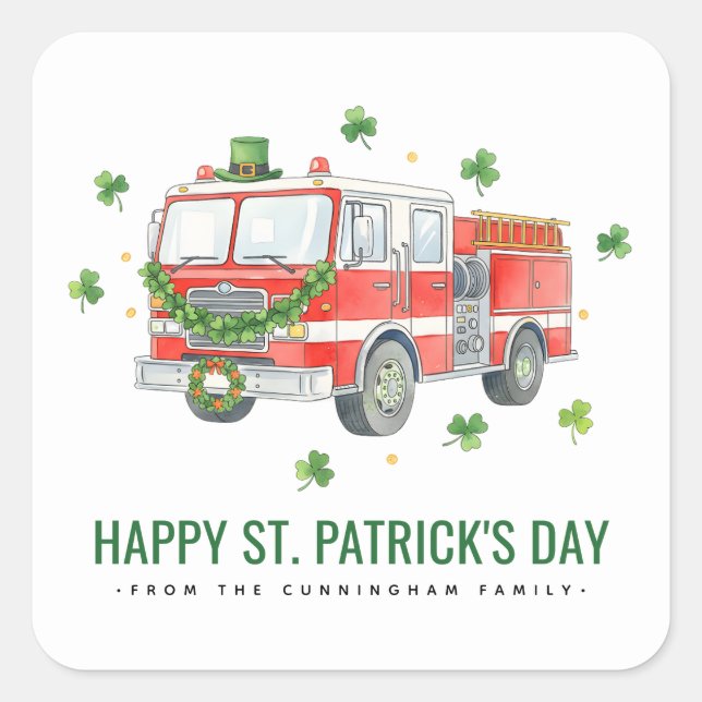 Custom Firefighter St. Patrick's Day Fire Truck Square Sticker (Front)