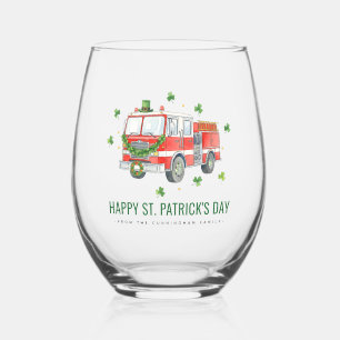 Custom Firefighter St. Patrick's Day Fire Truck Stemless Wine Glass