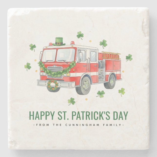 Custom Firefighter St. Patrick's Day Fire Truck Stone Coaster (Front)