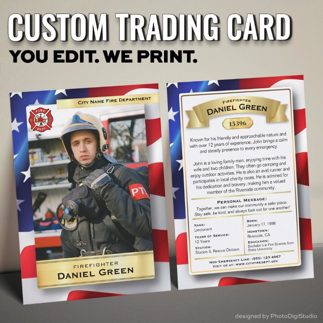 Custom Firefighter Trading Card, Fire Department Calling Card (Custom Fireman Trading Cards with USA Flag and Gold Elements)
