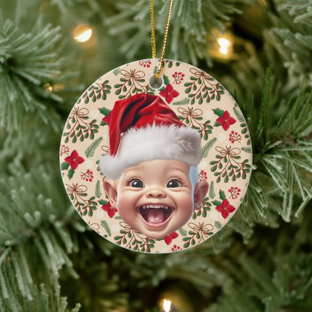 Custom First Baby Face Santa Hat Christmas Photo Ceramic Ornament (Tree)