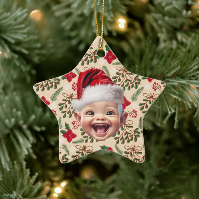 Custom First Baby Face Santa Hat Christmas Photo Ceramic Ornament (Tree)