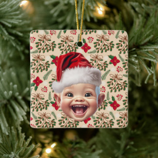 Custom First Baby Face Santa Hat Christmas Photo Ceramic Ornament