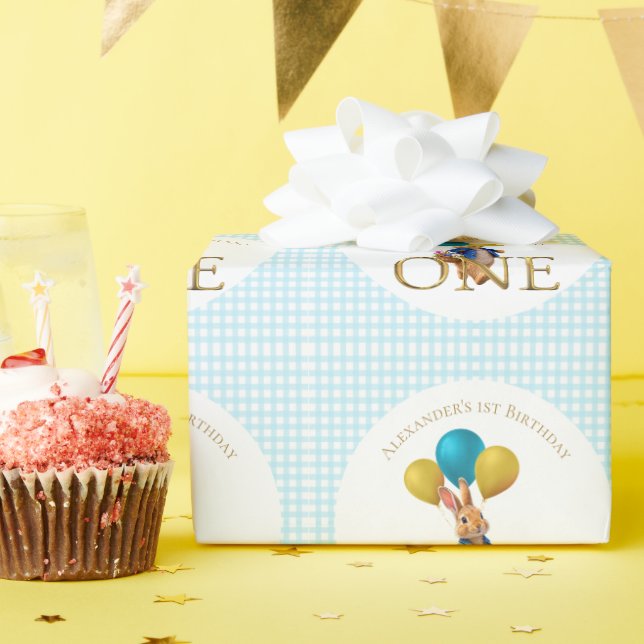 Custom First Birthday Rabbit Blue Check Wrapping Paper (Birthday Party)