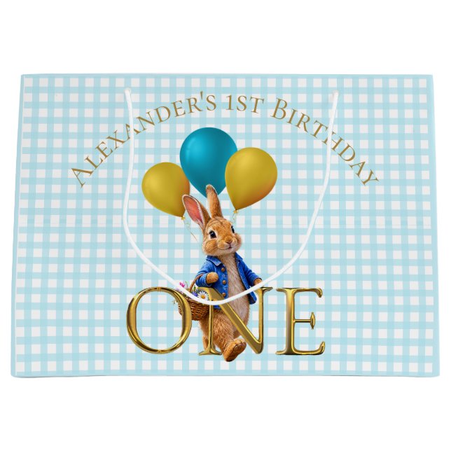Custom First Birthday Rabbit Strolling  Large Gift Bag (Front)