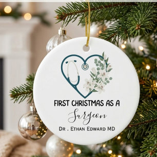 Custom First Christmas as a Surgeon, doctor Ceramic Ornament
