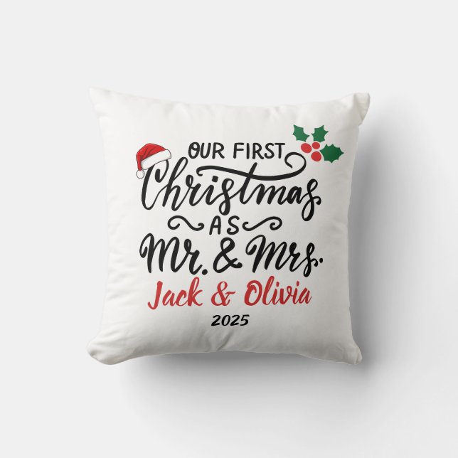 Custom First Christmas as Mr. & Mrs. Ornament Cushion (Front)