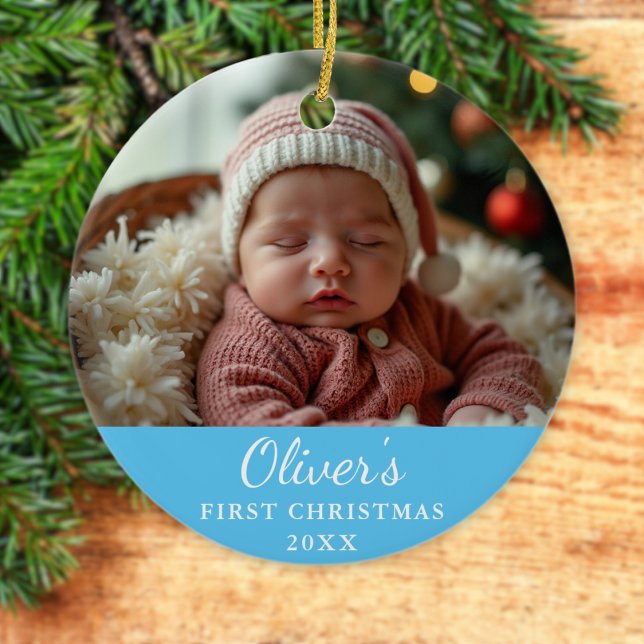 Custom First Christmas Baby Photo Blue Ceramic Ornament (Creator Uploaded)