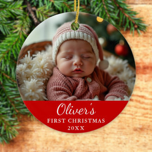 Custom First Christmas Baby Photo Red Ceramic Ornament
