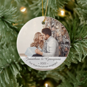Custom first Christmas engaged 2022 photo holiday Ceramic Ornament