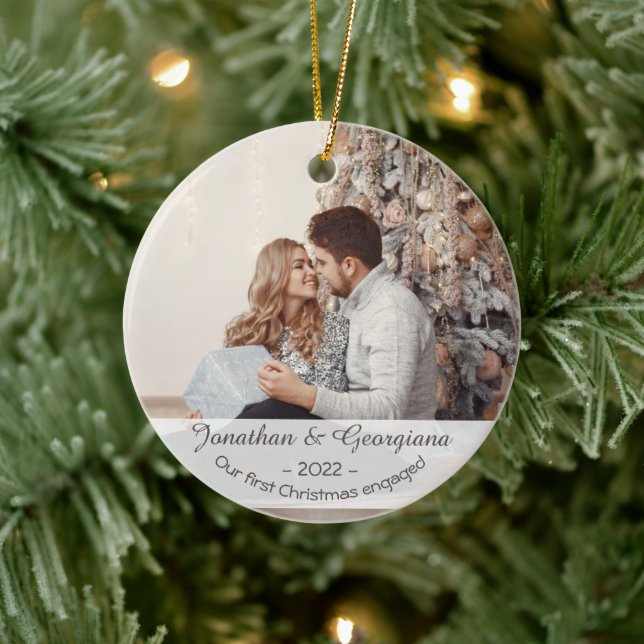 Custom first Christmas engaged 2024 photo holiday Ceramic Ornament (Tree)