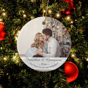 Custom first Christmas engaged 2024 photo holiday Ceramic Ornament