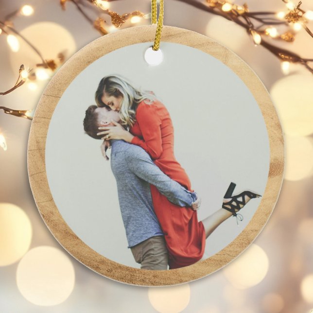 Custom First Christmas Engaged Festive Photo Ceramic Ornament (Creator Uploaded)