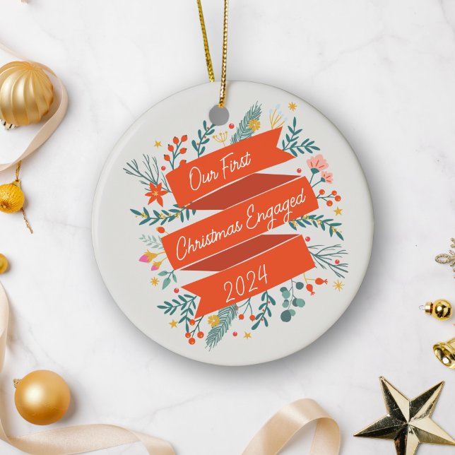 Custom First Christmas Engaged Festive Red 2024 Ceramic Ornament (Creator Uploaded)