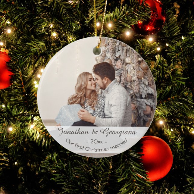 Custom first Christmas married 2024 photo holiday Ceramic Ornament (Creator Uploaded)