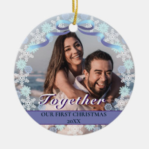Custom First Christmas Together Purple Snowflakes Ceramic Ornament