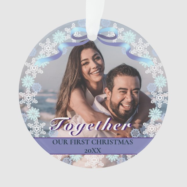 Custom First Christmas Together Snowflakes Ribbon Ornament (Front)