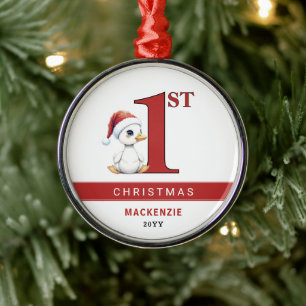 Custom First Christmas Watercolor Baby Goose Duck Metal Ornament
