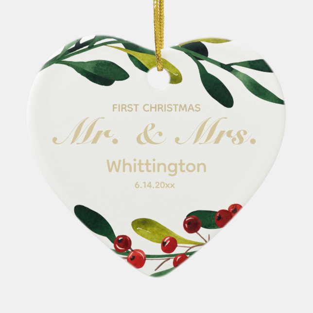 Custom First Christmas Wedding Marriage Gold Green Ceramic Ornament (Front)