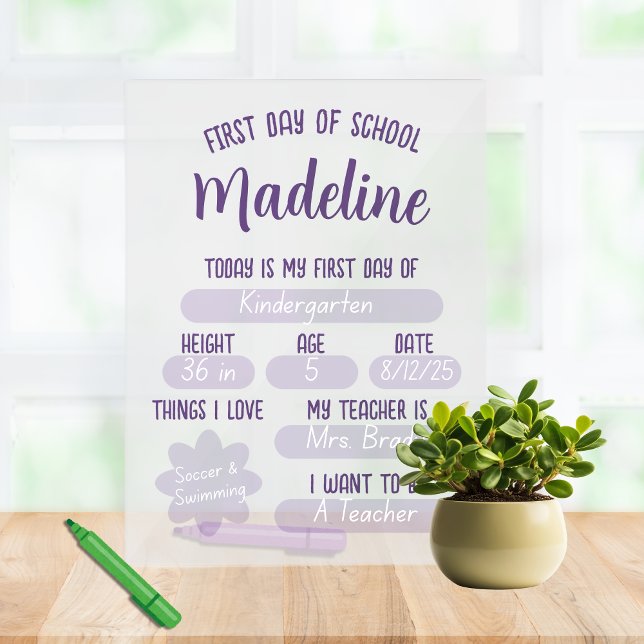 Custom First Day of School Fill In  Acrylic Sign (Reuse this custom, cute first day of school acrylic sign for years to come! )