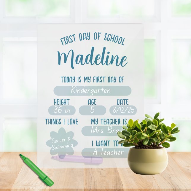 Custom First Day of School Fill In  Acrylic Sign (Reuse this custom, cute first day of school acrylic sign for years to come! )