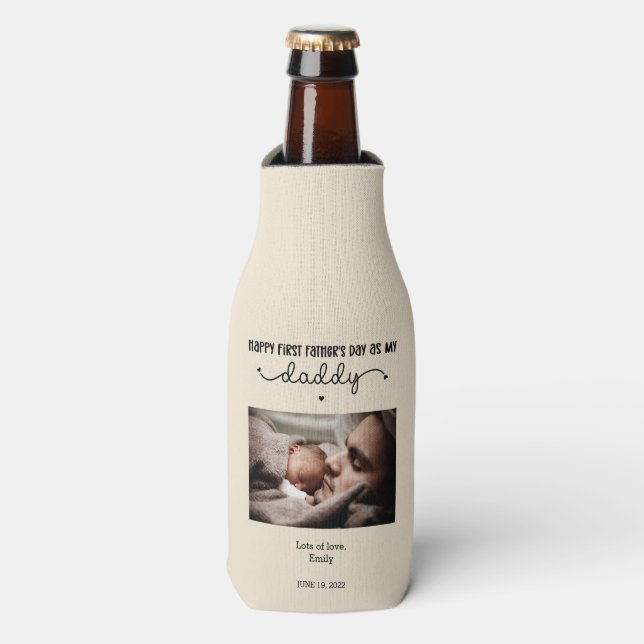 Custom First Father's Day Cute Minimalist Photo Bottle Cooler (Bottle Front)