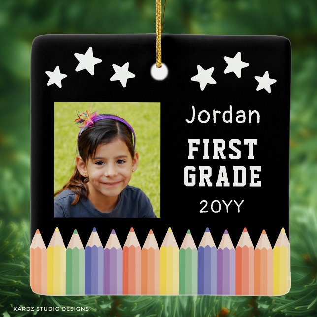 Custom First Grade Colourful Photo Keepsake Ceramic Ornament (Add your kid's photo, name, grade, and year. The design repeats on the front and back.)