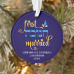 Custom FIRST HANUKKAH MARRIED Hebrew Ornament<br><div class="desc">Cute FIRST HANUKKAH MARRIED acrylic ornament with CUSTOMIZABLE NAMES & YEAR. Hanukkah is written in Hebrew. Design shows Hanukkah blue handwriting script typography with blue and yellow dreidel. A beautiful souvenir for couples celebrating their first married Hanukkah. Design is repeated on the back. English version available separately. Also in white....</div>
