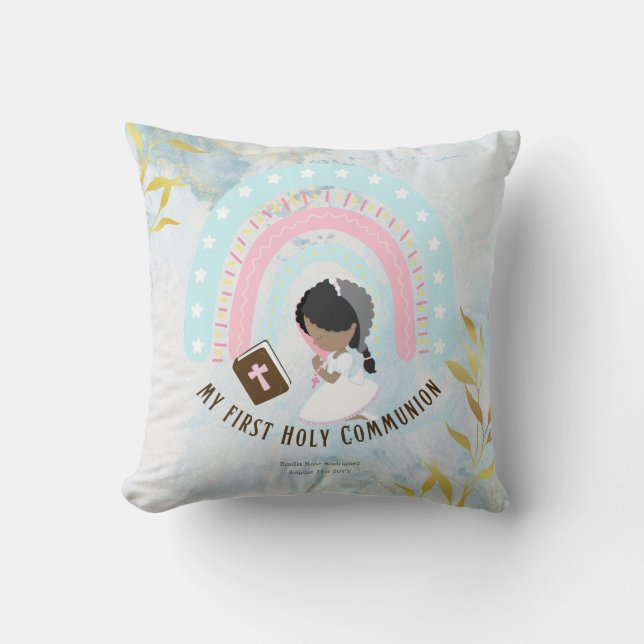 Custom First Holy Communion Cute Black Hair Girl Cushion (Front)