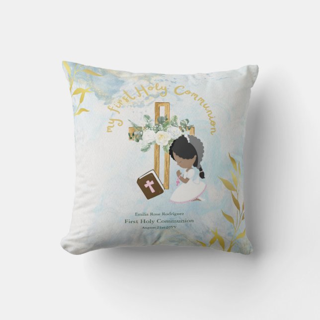 Custom First Holy Communion Cute Black Hair Girl Cushion (Front)