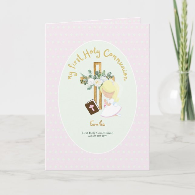 Custom First Holy Communion Cute Blonde Hair Girl  Thank You Card (Front)