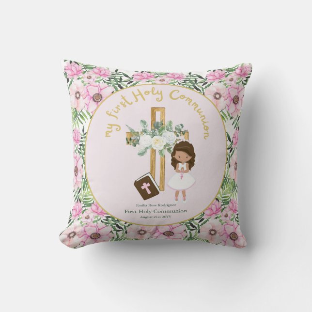 Custom First Holy Communion Cute Brown Hair Girl Cushion (Front)