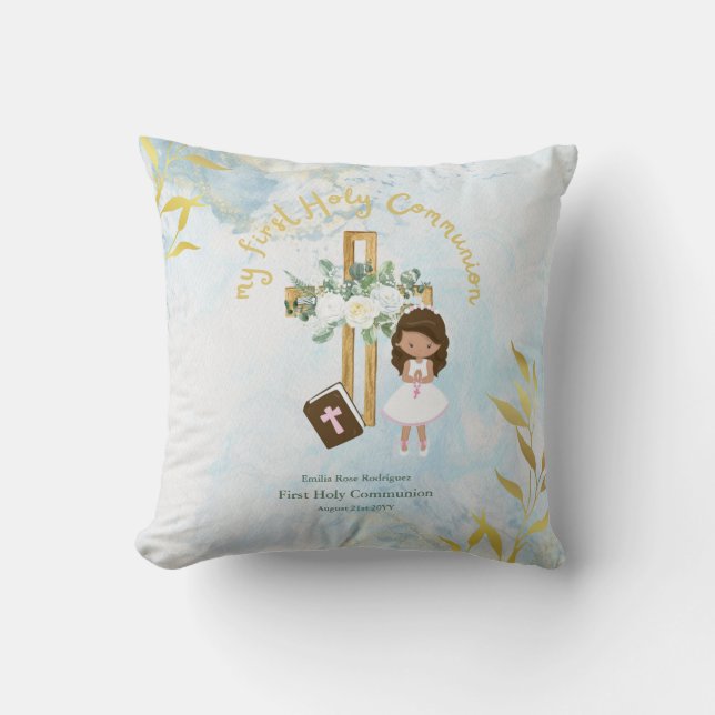 Custom First Holy Communion Cute Brown Hair Girl Cushion (Front)