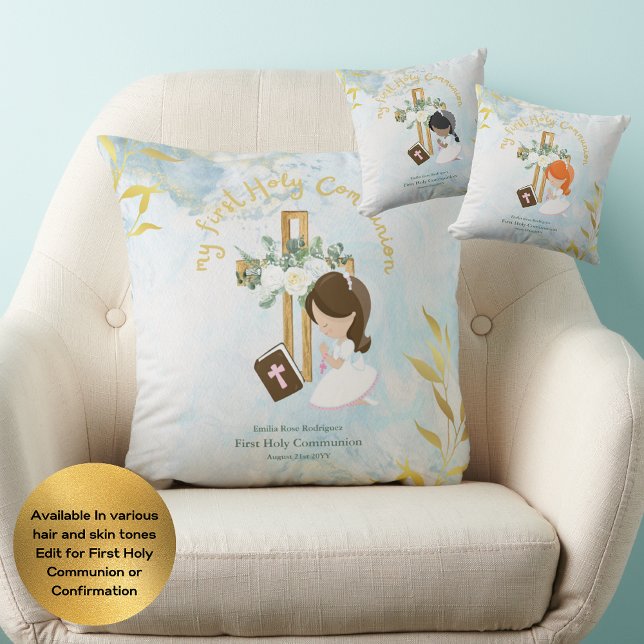 Custom First Holy Communion Cute Brown Hair Girl Cushion (Creator Uploaded)