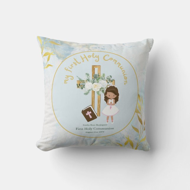 Custom First Holy Communion Cute Brown Hair Girl Cushion (Front)