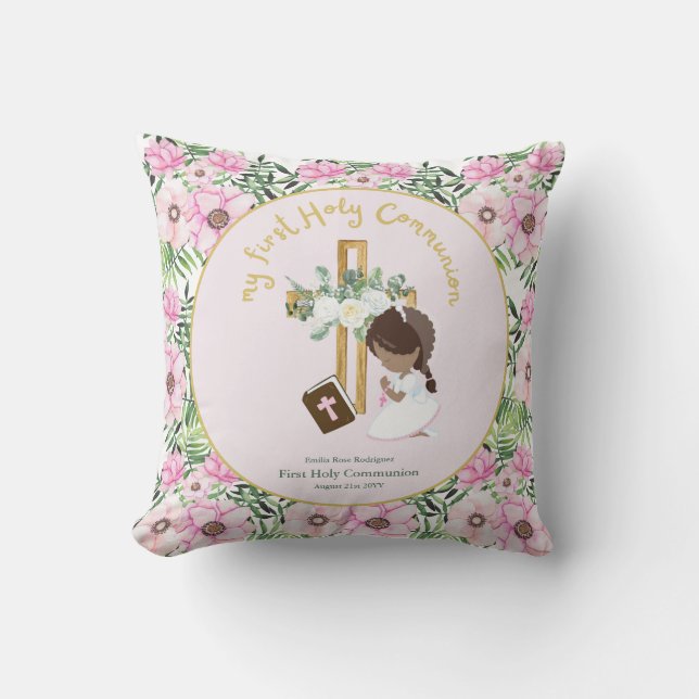 Custom First Holy Communion Cute Brown Hair Girl Cushion (Front)