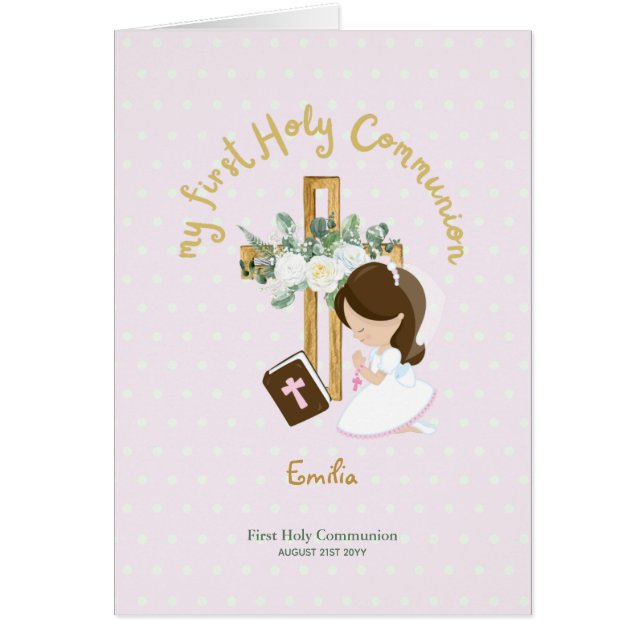 Custom First Holy Communion Cute Brown Hair Girl T (Front)