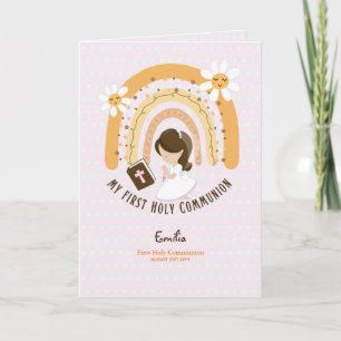 Custom First Holy Communion Cute Brown Hair Girl T Thank You Card