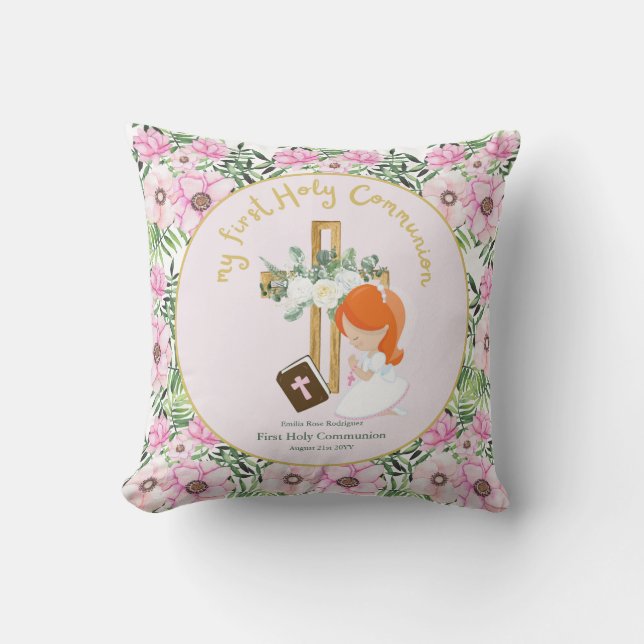 Custom First Holy Communion Cute Red Hair Girl Cushion (Front)