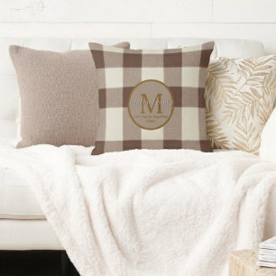 Custom First Home Brown Buffalo plaid monogram Cushion