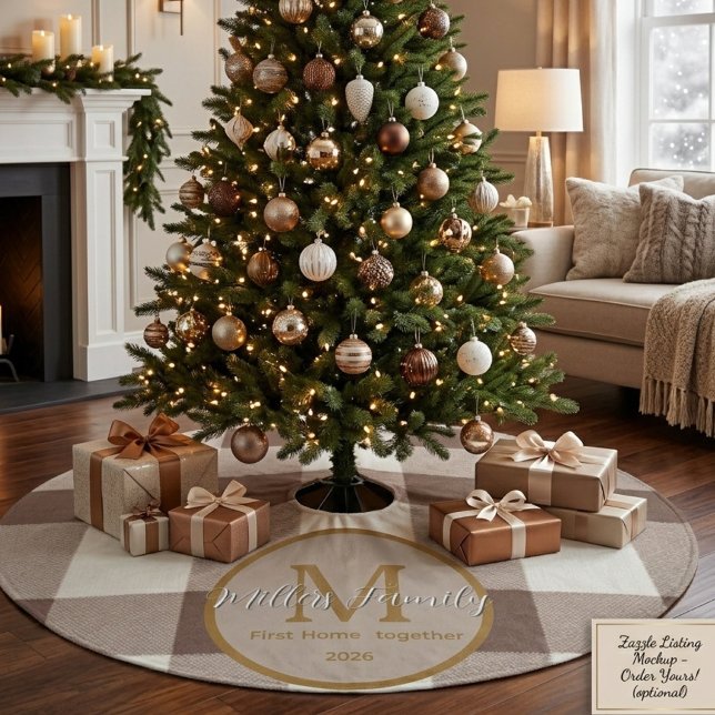 Custom First Home Brown Buffalo plaid monogram  Fleece Tree Skirt (Creator Uploaded)