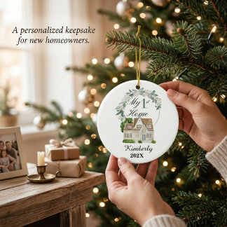 Custom First Home Watercolor House, housewarming Ceramic Ornament