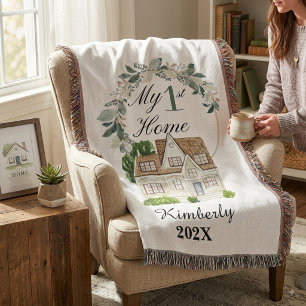 Custom First Home Watercolor House, housewarming Throw Blanket