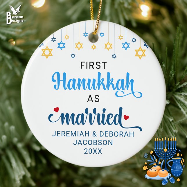 Custom FIRST MARRIED HANUKKAH Ceramic Ornament (Stylish FIRST HANUKKAH AS MARRIED ornament for Jewish newlyweds. Great Mr & Mrs gift for couple)