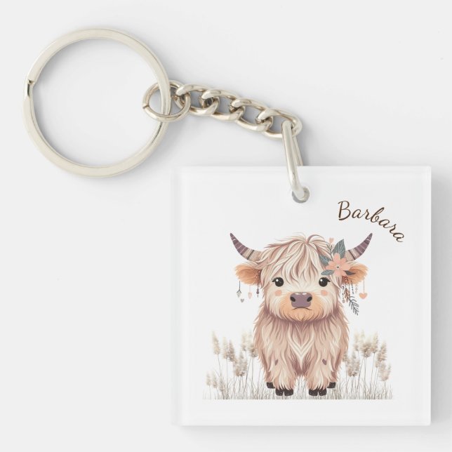 Custom First Name Cute Modern Boho Highland Cow Key Ring (Front)