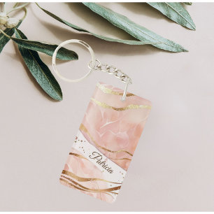 Custom First Name Trendy Marble Rose Gold Key Ring