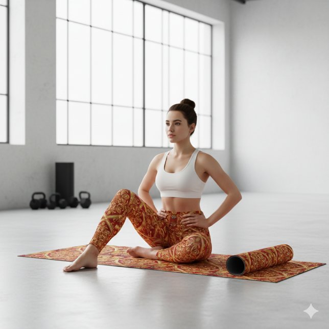 Custom Fit Golden Red Ornate: Opulent Activewear Leggings (Find your balance in style! Golden Red ornate leggings & matching yoga mat for your mindful workout.)