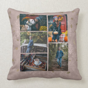 Custom / Five Photo Collage Glam Rose Gold Leaves Cushion