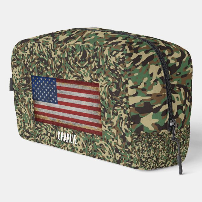 Custom Flag Camouflage Green Personalised Name Dopp Kit (Right Corner)