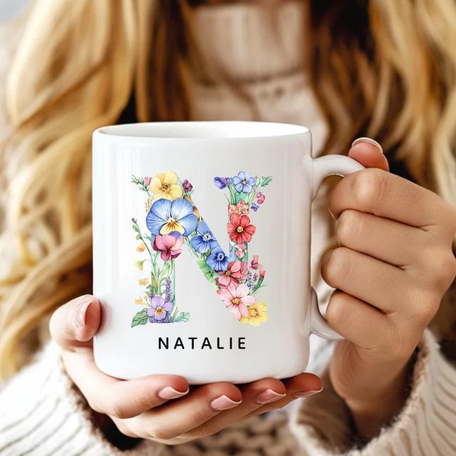 Custom Floral Alphabet Mug Gift for Bride Squad (Custom Monogram Name Mug for Mom or Bridesmaids, Custom Floral Alphabet Mug for Teacher or Nurse)